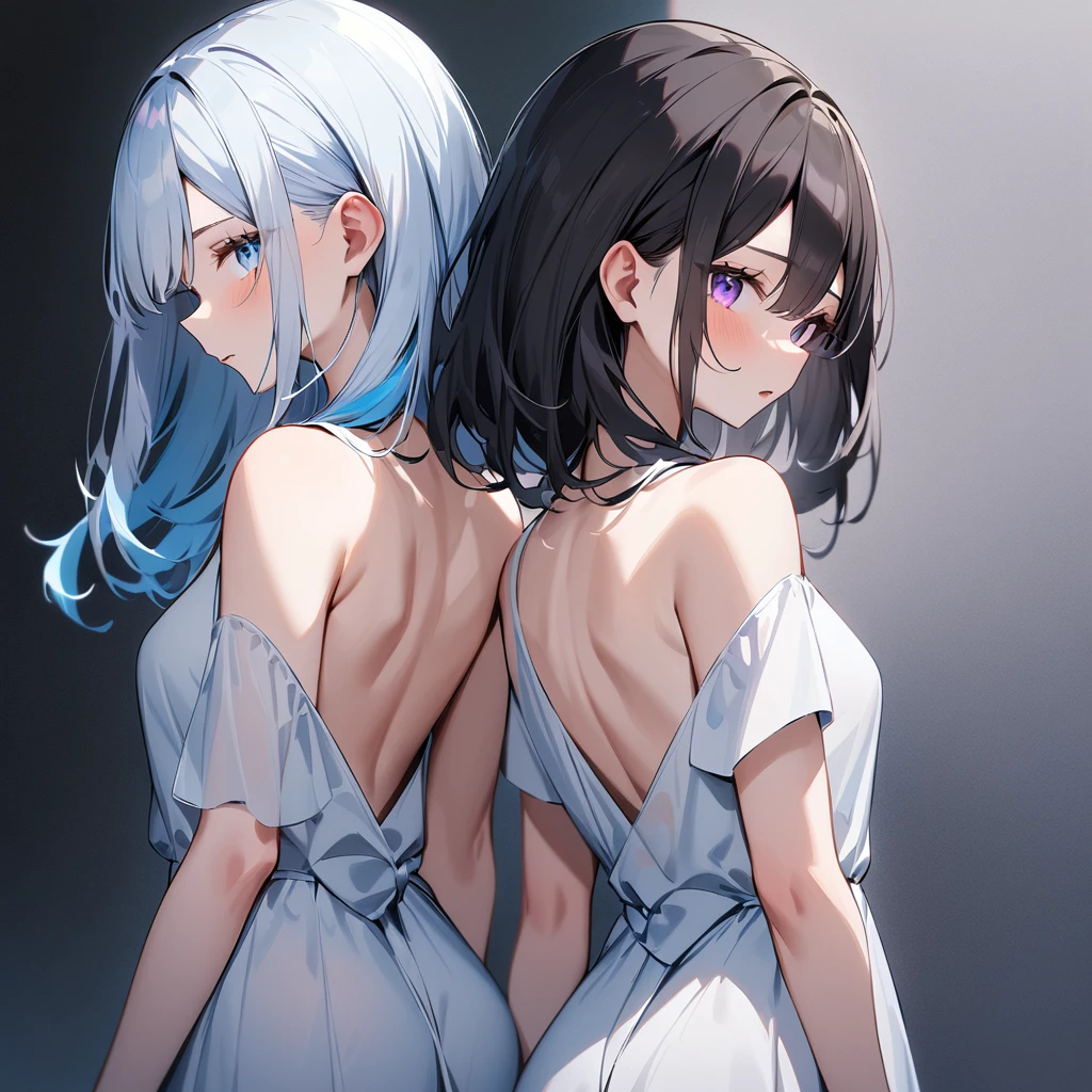 {{2girls}},masterpiece,best quality,very aesthetic,absurdres,cowboy shot,light color,dark color,light hair,dark hair,White hair,light blue hair,light blue eyes,Lovely,translucent hair,dark purple eyes,headless,(black hair,one eyes),back to back,asymmetry,Wide open back,Wide open back,Bare shoulders