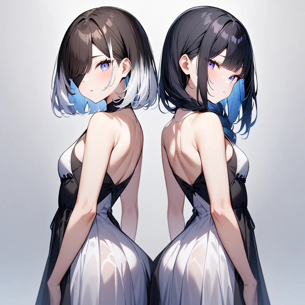 {{2girls}},masterpiece,best quality,very aesthetic,absurdres,cowboy shot,light color,dark color,light hair,dark hair,White hair,light blue hair,light blue eyes,Lovely,translucent hair,dark purple eyes,headless,(black hair,one eyes),back to back,asymmetry,Wide open back,Wide open back,Bare shoulders