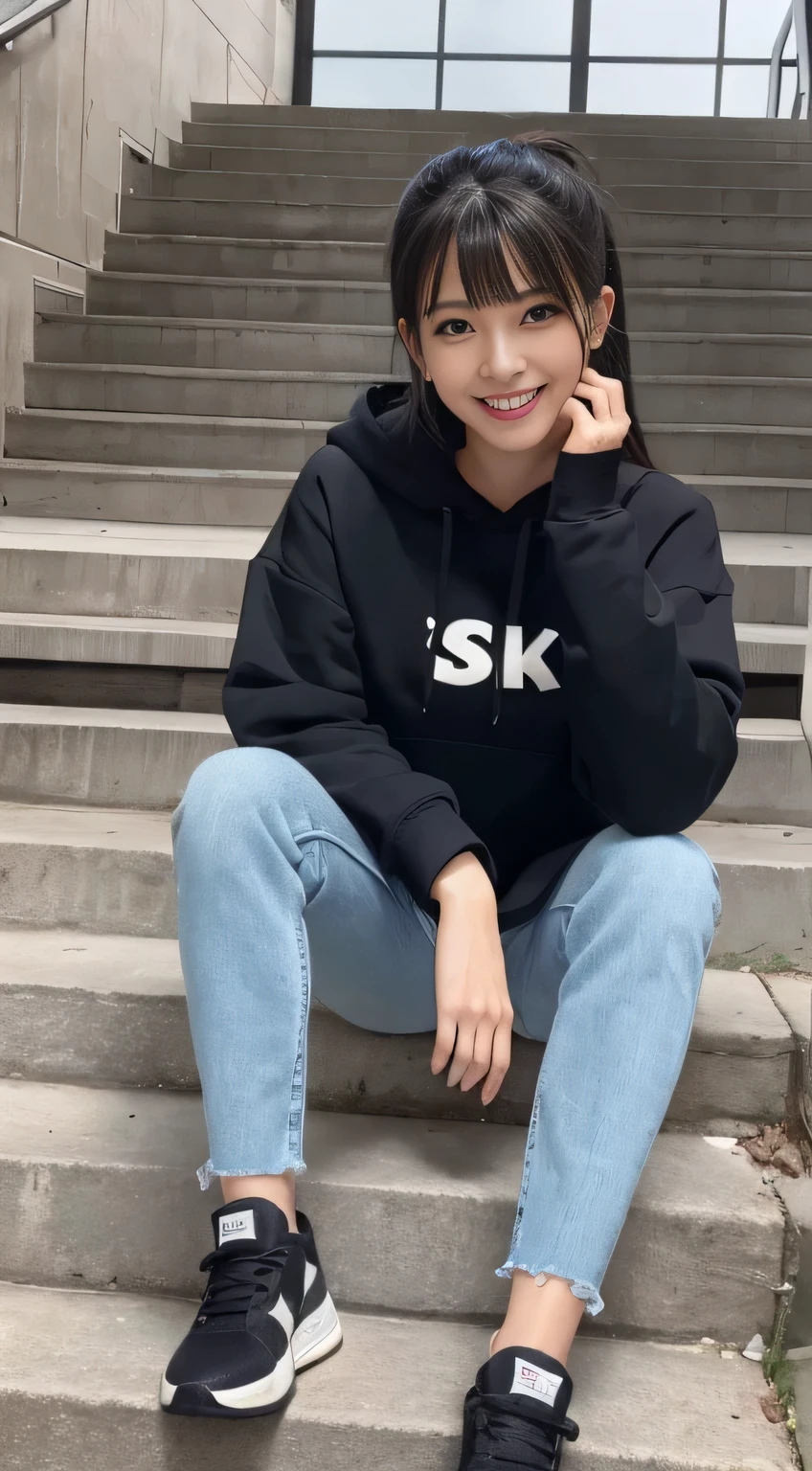 highest quality, Realistic, Very detailed, Finer details, High resolution, 8k wallpaper, One beautiful woman,Sit on the stairs、(Wear black socks)smile、(Beautiful teeth alignment、)(Gums are visible) Oversized hoodie, Skinny jeans,( Black sneakers)、Black Hair、 Beautiful Bangs、ear piercing、Perfect dynamic composition, Beautiful and detailed, Full Body Shot, A big smile