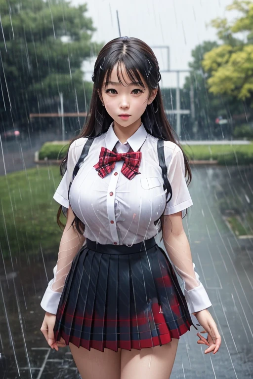 waistband of skirt is at the point above chest , school girl big breast , red knot , red bow , skirt dark red , plaid skirt , pleated skirt , dirty white Shirt , Highly detailed CG Unity 8K wallpaper、highest quality、super detailed、masterpiece、realistic、Photoreal、((Park where it is raining:1.4))、Highly detailed cute girl、、(High school girl in Japan uniform)、((Shooting from the front:1.4))、