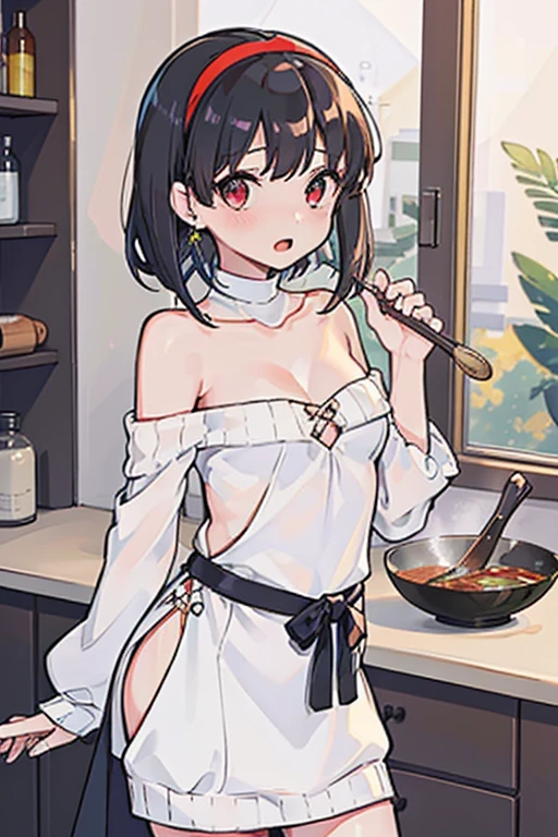 masterpiece, yor, 1girl, Bust A Cup, Amazing Cleavage:1.0, thin waist, big ass, Raised sexy, small breast: 1.2 posed cleavage:1.2、solo, looking at viewer, open mouth, have a cute grass of cute beergrass,black hair, red eyes, dress, bare shoulders, jewelry, collarbone, sidelocks, hairband, earrings, indoors, off shoulder, :o, sweater, arms behind back, plant, short hair with long locks, white hairband, off-shoulder dress, sweater dress, off-shoulder sweater, red sweater, big side hair, very long side hair,is rendered in (masterpiece: 1.2, best quality), with (ultra high resolution) and an exquisite (depth of field). This masterpiece is not only visually stunning but also tells,A scene of cooking in the kitchen