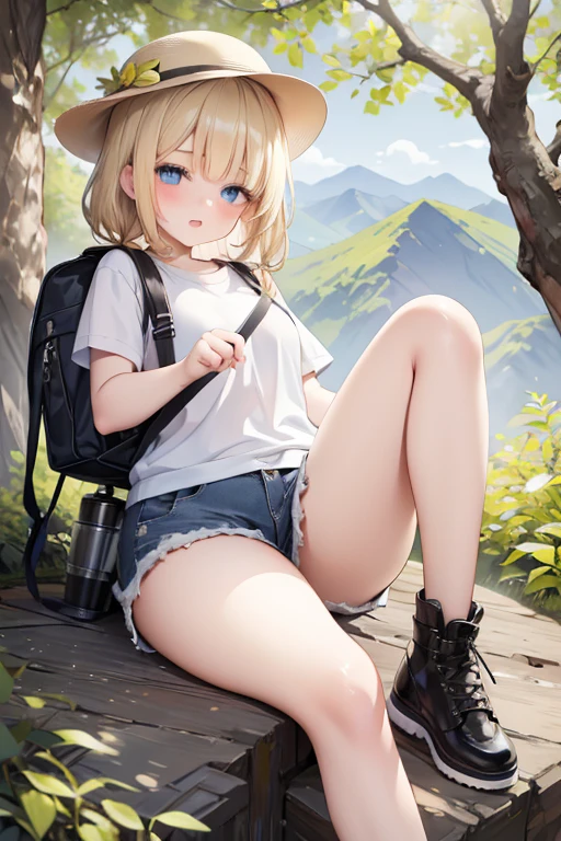 masterpiece, highest quality, High resolution, -yeld giblue eyes、
blonde、Braiding、Climbing Style、Clothes with lots of pockets、Shorts、rucksack、Thick-soled shoes、Safari Hat、Mountain climbing、Lush tree々々、The sunlight streaming in