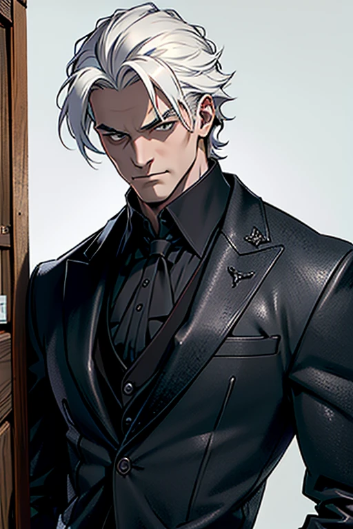 (masterpiece, best quality:1.2), (absurd res, high res, ultra detailed), 1 male, adult, handsome, tall muscular guy, broad shoulders, white hair, finely detailed eyes, portrait, looking at viewer, solo, half shot, detailed background, detailed face, (gothic), smirk, vampire, dark leather, high fantasy,, stealth, undercover, (crates in background), shadows, fog, (dutch angle), closed mouth, black pants
