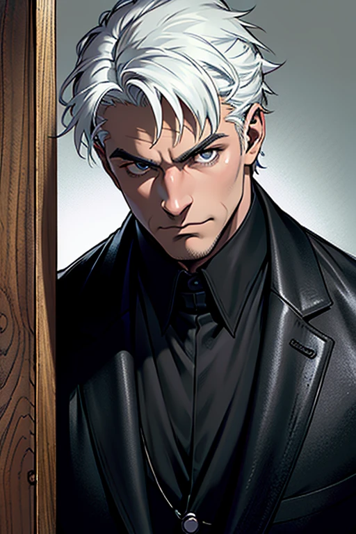 (masterpiece, best quality:1.2), (absurd res, high res, ultra detailed), 1 male, adult, handsome, tall muscular guy, broad shoulders, white hair, finely detailed eyes, portrait, looking at viewer, solo, half shot, detailed background, detailed face, (gothic), smirk, vampire, dark leather, high fantasy,, stealth, undercover, (crates in background), shadows, fog, (dutch angle), closed mouth, black pants