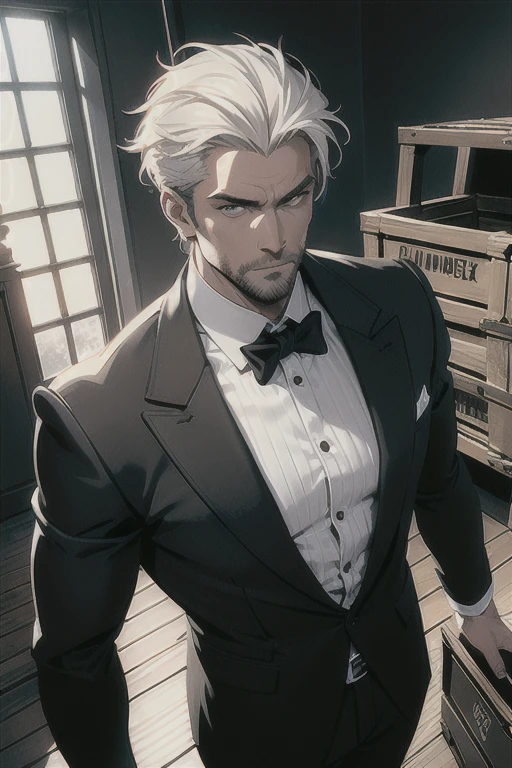 (masterpiece, best quality:1.2), (absurd res, high res, ultra detailed), 1 male, adult, handsome, tall muscular guy, broad shoulders, white hair, finely detailed eyes, portrait, looking at viewer, solo, half shot, detailed background, detailed face, (gothic), smirk, vampire, dark leather, high fantasy,, stealth, undercover, (crates in background), shadows, fog, (dutch angle), closed mouth, black pants