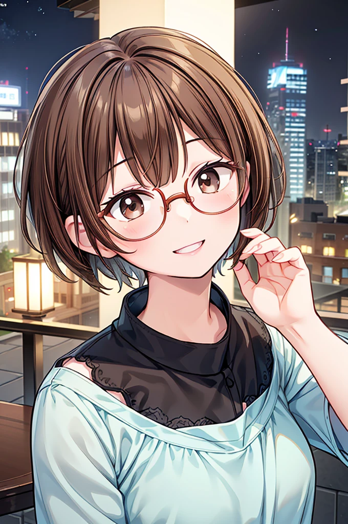 masterpiece、High resolution、High resolution、High resolution、1 female、Very close、((Depiction of only the upper body))、((Brown Hair、short hair、Pixie Cut))、((Round frame glasses))、、A kind smile、Smiling with teeth showing、((Late Night City))、