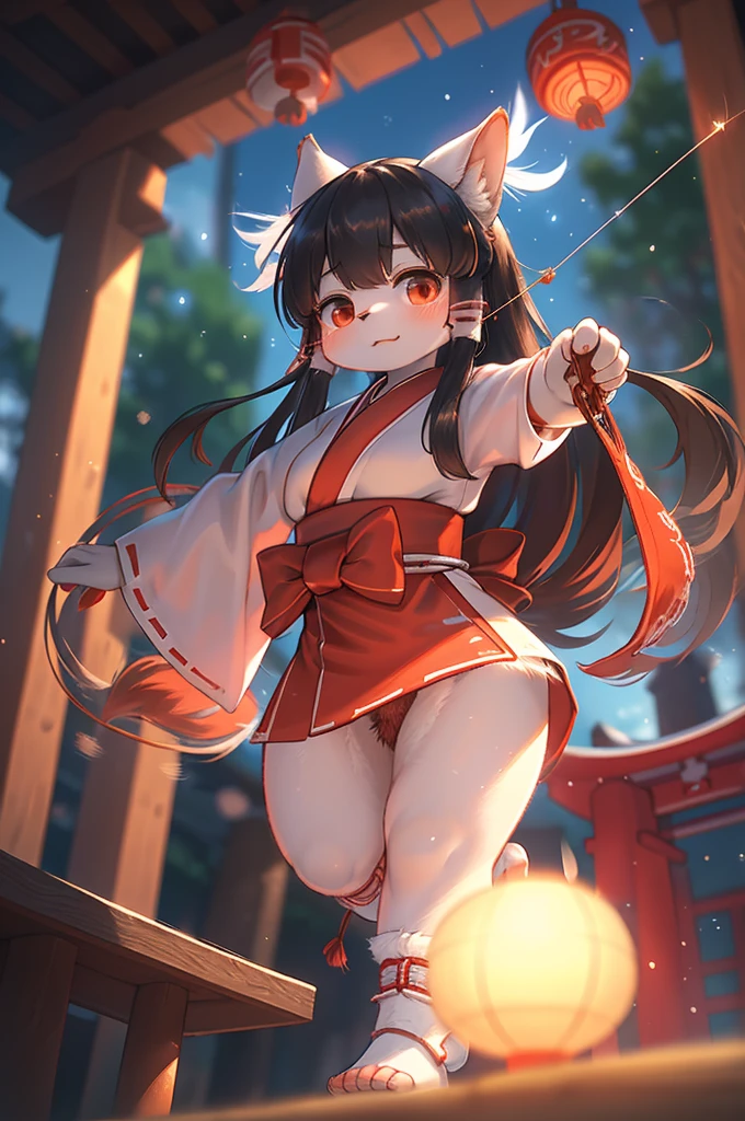 Bokeh , (blur:1.5) , dynamic angle , 1 hairy inari girl  , Short stature , realistic hairy fur , Straight black Long Hair , Round face, swollen cheeks,round eyes , neat hair ties , Japanese Shrine Maiden Clothing , (dynamic Fly around Noh dance action:1.3) , in the Inari Shrine , Sacred offerin  , (Fly around Will-o'-the-wisp) , midnight