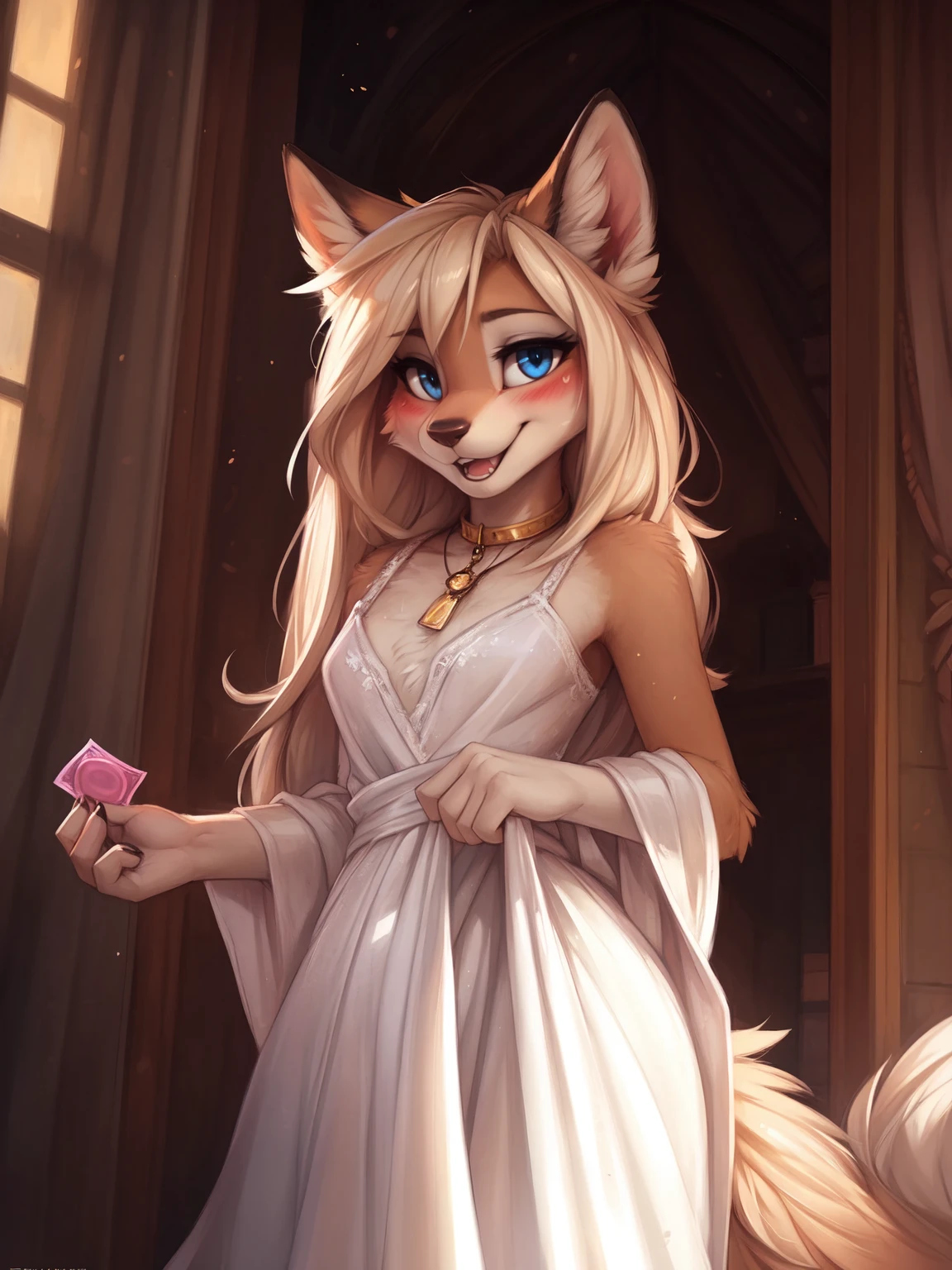 by kenket, Ross Tran, ruan jia, zaush, foxovh, by Zackary911, by hyattlen, by teranen, by fumiko, by Pixelsketcher, by Bayard Wu, by Thomas Benjamin Kennington, by Einshelm, by Kilinah, by Coffeesoda, by Hioshiru, by fluff-kevlar, bye r-mk, by Dimwitdog, Furry, Anthro, long hair, ((small)), ((male)), ((twink)), long blonde hair, (white fur), feminine hair, ((elegant haircut)), Full Body, ((teen)), cinematic lighting, ((fluffy tail)), ((blushing)), open mouth, (smiling), (confident) girly hips, girly hips, ((solo)), (view from front), looking at viewer, sweat, (small bulge through gown,), offering sex, solo, opulent mansion, (holding condom in hand), revealing clothes, white noble gown, (blue eyeshadow), blue eyes, elegant, aristocrat,