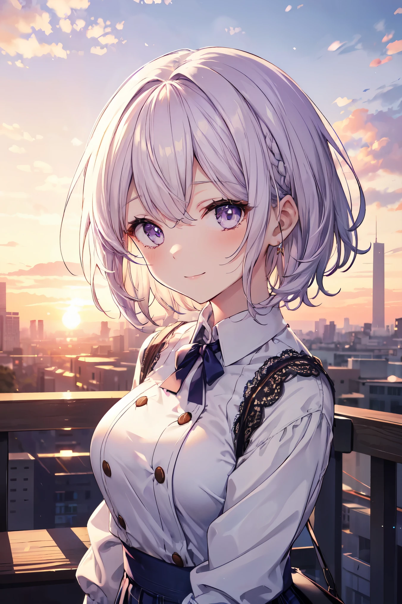 highest quality, Detailed face, One girl, Mid-breasted, smile, Casual clothing, skirt, (Charm, Puffy eyes:1.2), Excellent anatomy, View Viewer, Soft Focus, Golden Hour Lighting, Depth of written boundary, Short Hair, Happy expression, White purple hair, Lace shirt, skirt, Sunset sky