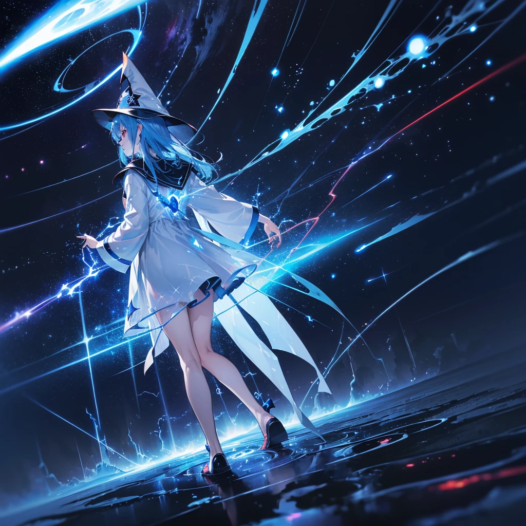 ((Blue Hair magic circle Witch Hat Red eyes Turn your back)) ((thunder Blitz thunderの杖 starのペンダント electricity lightning)) (Magic Robe shine star Streaks of Light Black Hole) moon 彗star incantation Runes cool Blue aura Shining Edge star屑 End of the Galaxy Distorted Space-Time Particles of light