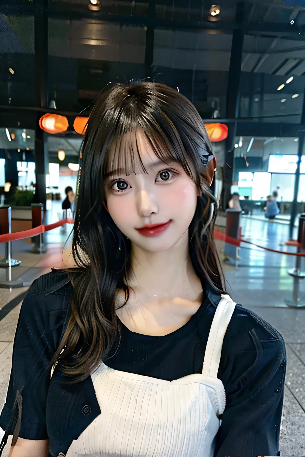 Realistic photos of Japanese women, crossed bangs, smile slightly, t-shirt, At the airport, POV, Eye level shooting, hazy, UHD, masterpiece