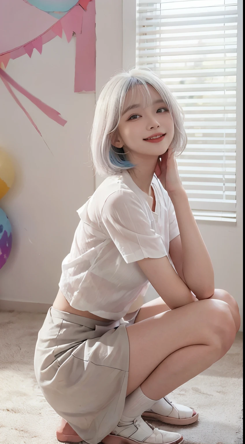 Best image quality、RAW Photos、超A high resolution、21 years old Korean、Small breasts、Dynamic Angle、Cowboy Shot、Chaos in its most beautiful form、elegant、Brutalist Design、Vibrant colors、Beautiful white hair、Short Bob、smile、fun、smile、Glowing White Skin、Beautiful eyes with random colors、Very thin lips、Beautiful eyes in every detail、length, Narrow eyes、Cheeks are pale pink、Beautiful double eyelids、eye shadow、Bright white hair、See-through shirt、Vibrant colors、See-through long skirt、Ethnic pattern、Bright room、Sitting on the floor、Shooting from the side、Sit with one knee raised、