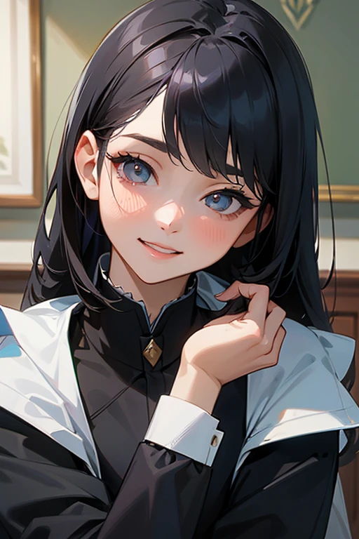 (Highest Resolution, clear_image) highest quality, Single person, One woman, alone, masterpiece, Very detailed, Semi-realistic, Black Hairのショートヘア, Black Hair, bangs, 18-year-old, mature, light blue uniform, uniform, Indoor Background, kind, Authoritative, Powerful, exquisite features, exquisite features、Eyelashes become longer、Showing teeth、smile😀、Maid clothes、woman'Fingers in the、