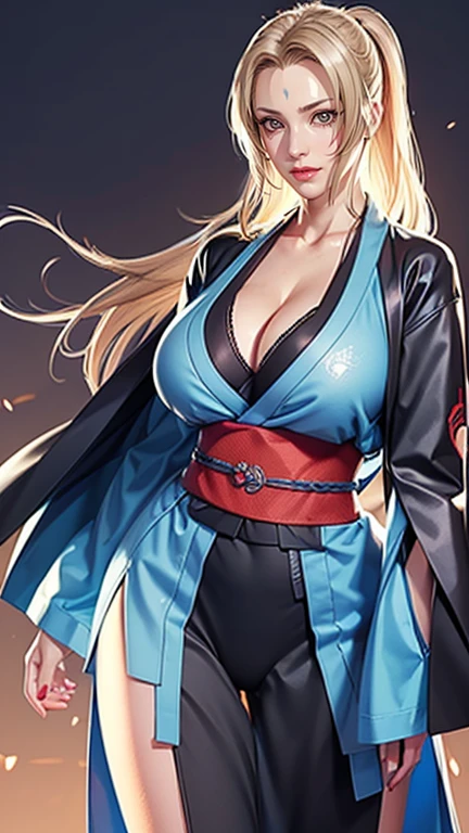 （（（完美number，number，Solitary， White and tender skin，（（（Cyberpunk，Tsunade, Japanese clothes, sash, Jacket，A tea green long Jacket with black edges, Black Belt,  ））），（（（t5un4d3, light yellow long hair, There are blue and purple marks on the forehead, Light yellow thin eyebrows, Bright brown pupils, light red crayon drawing)),high resolution, ((Best quality at best))，masterpiece，quality，Best quality，（（（ Exquisite facial features，looking at the audience,There is light in the eyes，(（（Smile，confidence)））)，））），型number:1.7））），（（（light and shadow，Huge breasts））），（（（Looking at the camera，black background）））(((Large Breasts、Low-cut，Cleavage, Wide hips,)))Long legs , 