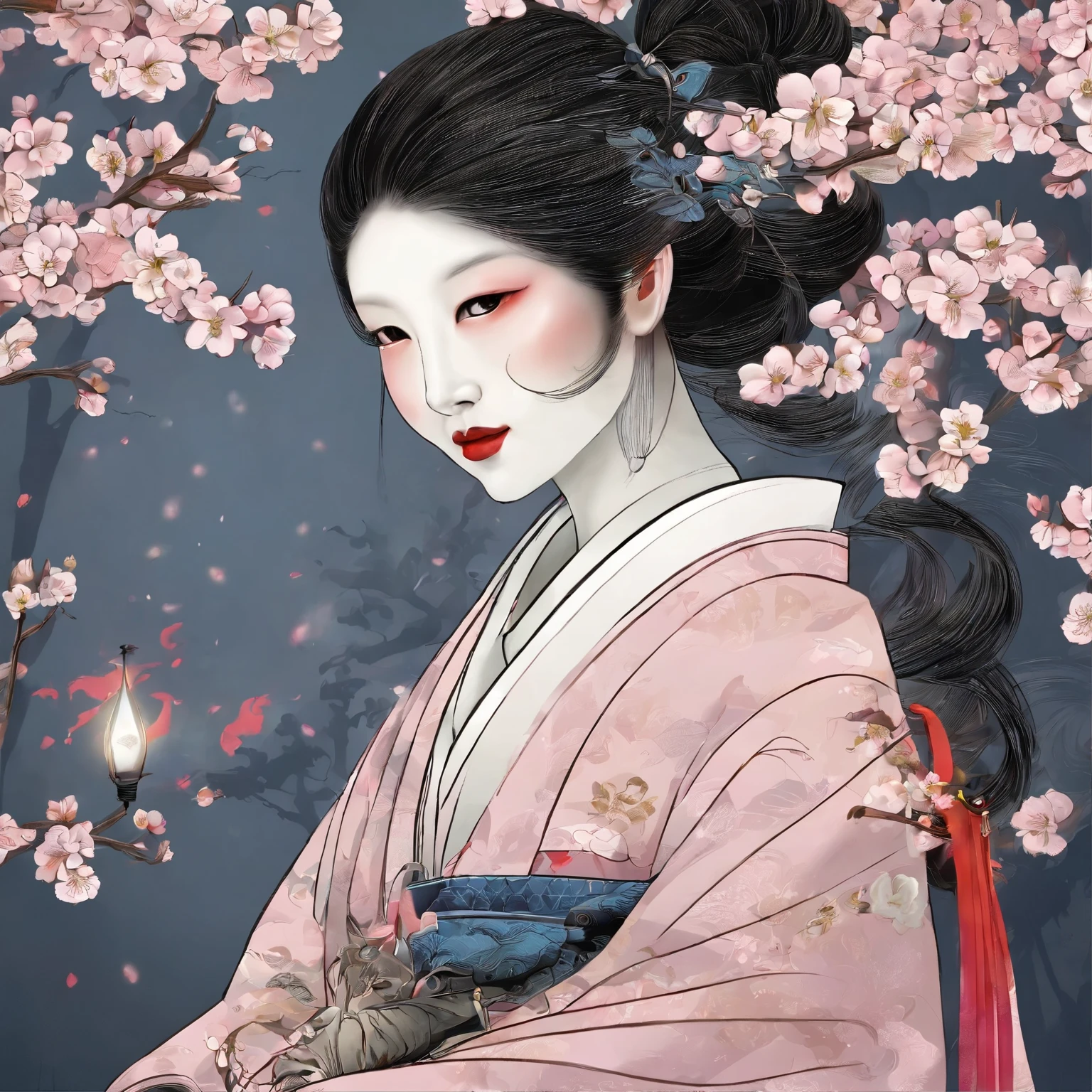 1. Scene description: - An assassin in the form of a female samurai wearing a skull mask。 （A girl dressed as a samurai with a skull mask-like face） - Detailed facial features: sharp eyes、pronounced nose、lips。 (Beautiful and detailed eyes、美しく緻密なlips) - Additional details: Long eyelashes、Intense expression、A strong and confident posture。 (Very detailed目と顔、Long eyelashes) 2.material: ·An illustration：Characters are depicted by hand.、 - Media: High resolutionのデジタル イラスト、 - Artistic style: Combining elements of dark fantasy and traditional Japanese art、 3. Scene details: - background: Cherry blossoms in full bloom and a moonlit garden、 - Lighting: The soft moonlight casts a shadow、Illuminates the character&#39;s facial features、 -atmosphere: Mysterious and fascinating、Full of expectations、 4.image quality: - highest quality、High resolution：（highest quality、High resolution） - Super detailed：（Super detailed） - Realisticなスタイル: (Realistic) - Bright colors：（Bright colors） 5. Color Palette: - Main color: Black in the character&#39;s clothing and mask、gray、Shades of silver、 ·Cherry tree：Gentle pink and white、 - Moonlit Sky: Deep blue and purple with a silvery tint、 6. Overall prompt: With a face resembling a skull、Dressed as a samurai、緻密な瞳とlipsが美しい少女、sheVery detailed目と顔、Long eyelashesを持っています、she、Combining dark fantasy with elements of traditional Japanese art、High resolutionのデジタルイラストで描かれています。The stage is illuminated by moonlight、A garden with cherry blossoms in full bloom、The light is soft moonlight、It casts shadows and illuminates the character&#39;s facial features.、雰囲気はMysterious and fascinating、Full of expectations、画像はhighest quality、High resolution、Very detailed、Photorealistic style、Color Paletteには、The character&#39;s costume and mask are black.、gray、Shades of silverが含まれ、Cherry trees have soft pink and white、The moonlit sky contains deep blues and purples with a silvery tint、

