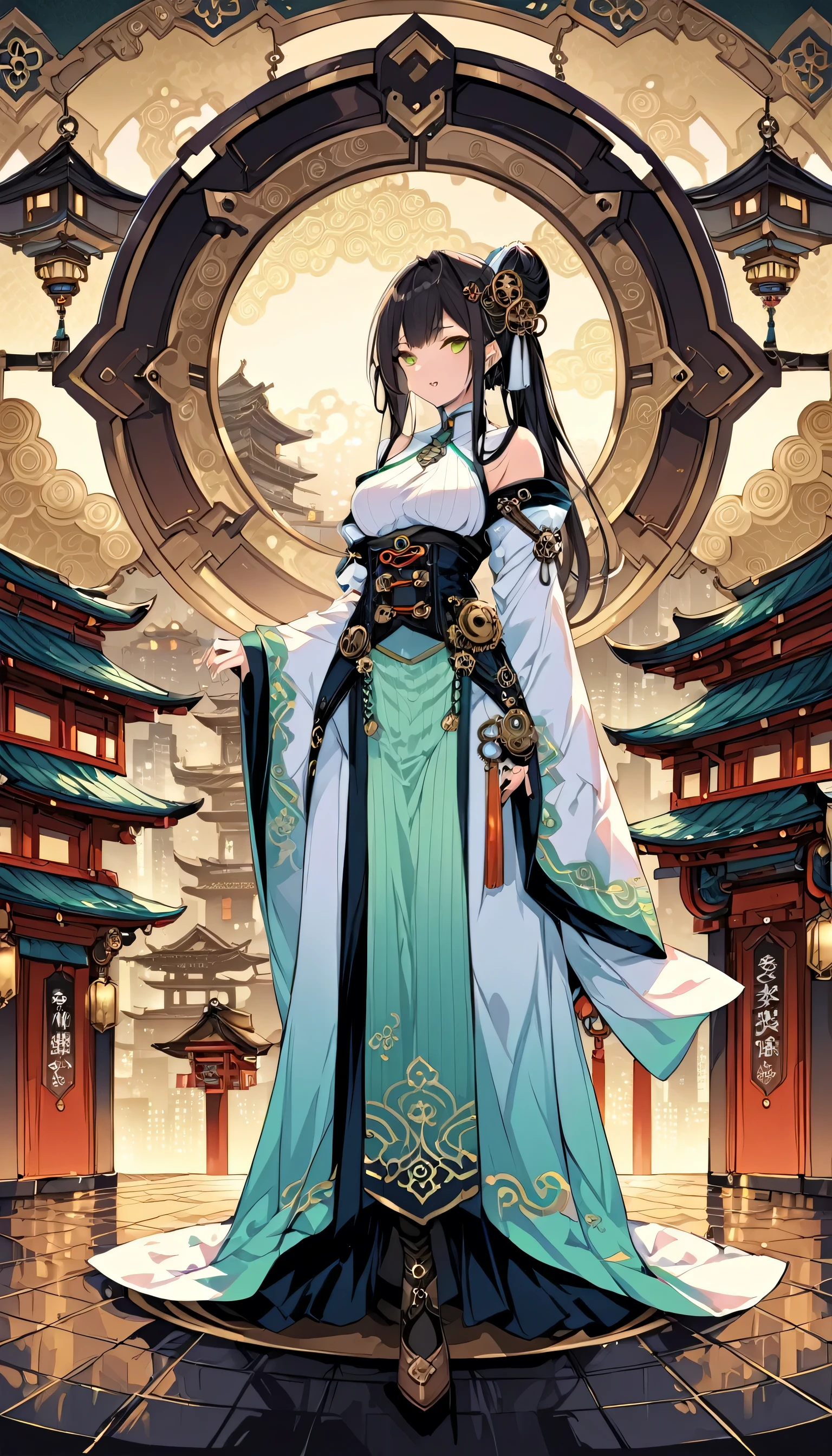 (highest quality), girl,Oriental detailed background, Oriental cityscape, steampunk, Shrine maiden