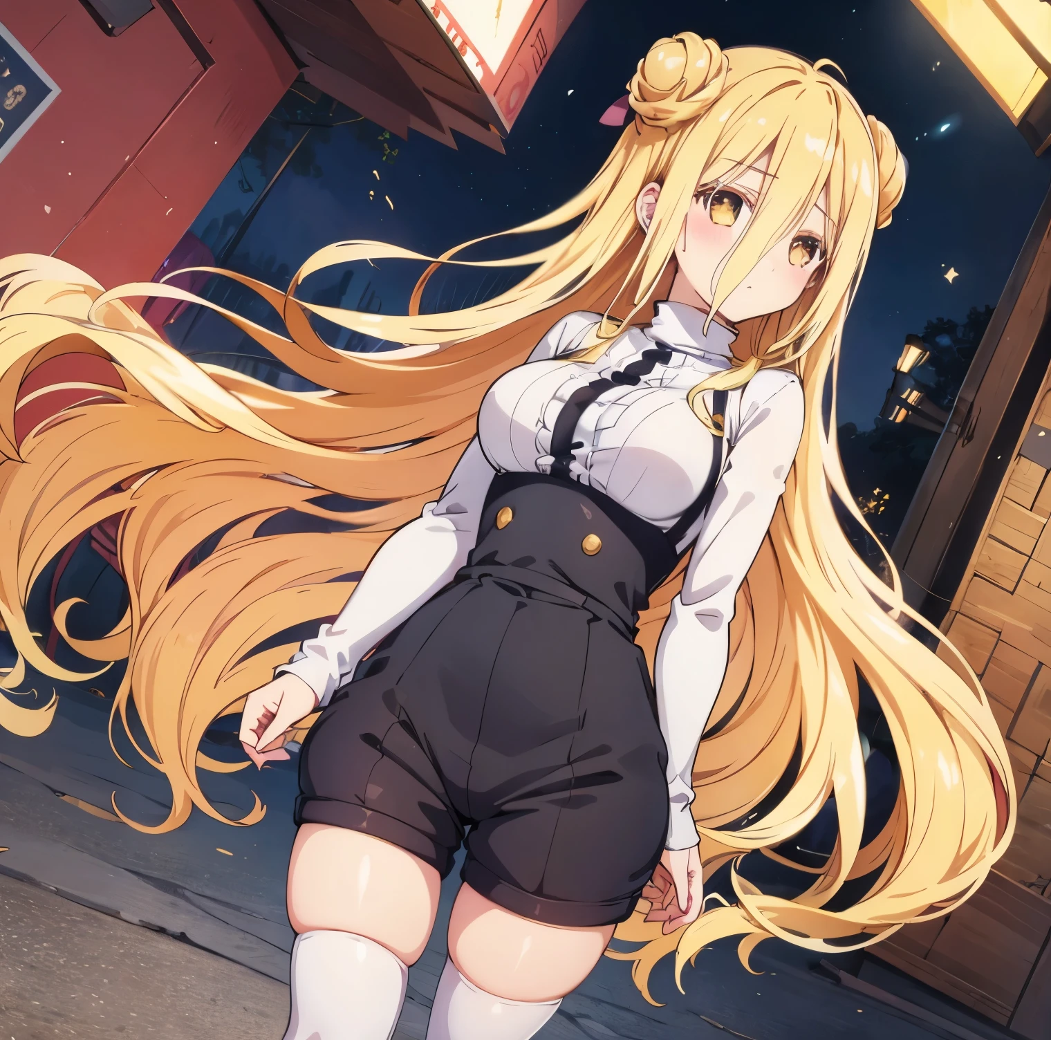 1girl, alone, Hoshimiya mukuro,outdoors, street, looking at viewer, (masterpiece:1.2), best quality, high resolution, unity 8k wallpaper, (illustration:0.8), (perfect hands, perfect anatomy), standing, (blush:1.5), shiny hair, shiny skin, mukuro hoshimiya, yellow eyes, very long hair, blonde hair, double bun, hair between eyes, medium breasts, sweater, long sleeves, turtleneck, denim shorts, high waist, white thighhighs, perfect hands, perfect anatomy 