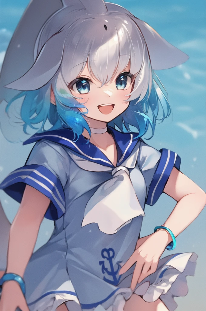 masterpiece, best quality, 1girl, solo, fins, head fins, short hair, multicolored hair, grey hair, white hair, blue hair, blue eyes, cetacean tail, choker, white choker, bracelet, sailor collar, neckerchief, white neckerchief, dress, frilled dress, sailor dress, short sleeves, frills, anchor symbol, underwater, :d,