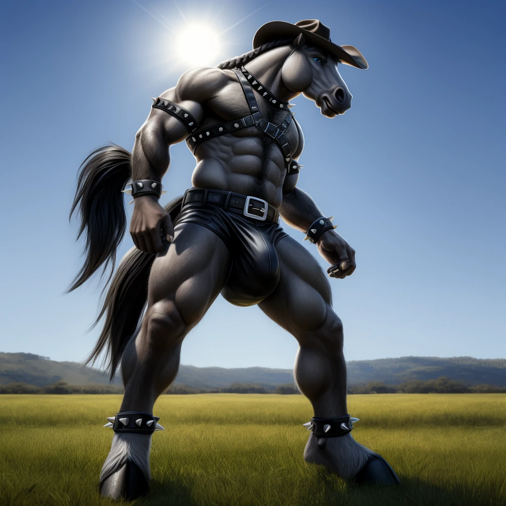 Furry, Antro, Solo, (Silver Grey Shiny), Horse tail, Ponytail, Horsetail, (Male Bulge), Big Balls, Wearing a Black Leather Harness, Black bicep leather bracelet, Leather Buckle Armband, Black dark Leather Slip, Leather Slip, Black Belt, Spiked Collar, Spiked Wristbands, (Leather Bicep Arm Strap), Cowboy Hat, Spiked Anklet, Hooves, Hairy, Full Body, Braided Mane, Hairy Torso, Seen Standing, Upright Standing Pose, Blue Pupil Eyes, High Resolution, 4K Detailed, Good Lighting, Beautiful, Blue Sky Background with Green Grass Meadow, black hair