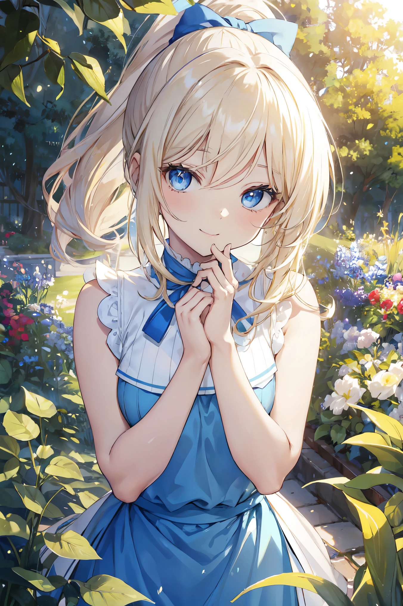 (masterpiece:1.2), (highest quality:1.2),, Curvy but slender body, Perfect Eyes, Perfect Face, Perfect lighting, 1 girl, in the garden, (The whole body is visible),(Are standing),(Sleeveless sweater),(Cute gestures),(smile),(ponytail),Curly Hair, Quality clothing, Detailed outdoor background, Compensate, eye shadow, Thick eyelashes, Fantasy, Looking at the audience, whole body,Alice in Wonderland、blue sky、Bright and very beautiful face、Young and shiny white glossy skin、The ultimate beauty、The most beautiful light blonde hair in the world、Thin Hair、Long Hair、Shiny beautiful bangs、Shining, clear, big blue eyes、Very beautiful and adorable 17 year old girl, the most beautiful in the world、Small breasts