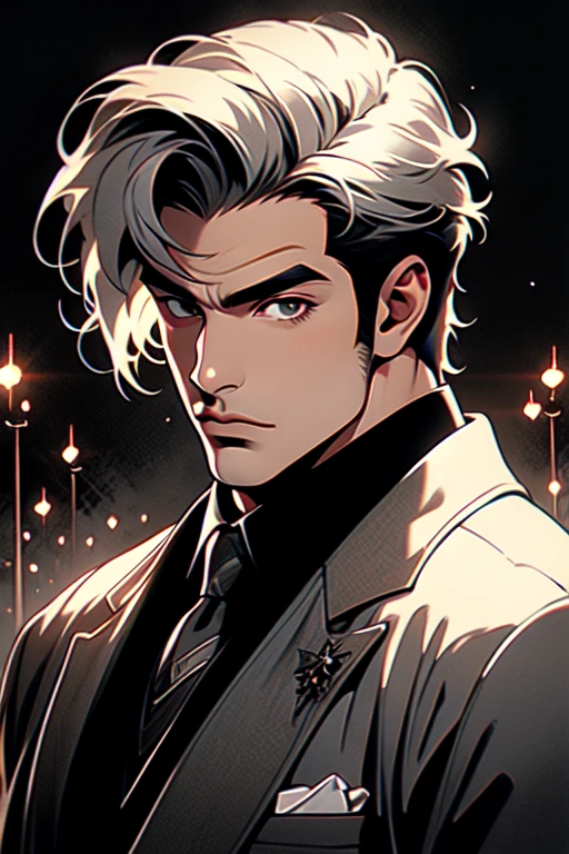 (masterpiece, best quality:1.2), (absurd res, high res, ultra detailed), 1 male, adult, handsome, tall muscular guy, broad shoulders, white hair, finely detailed eyes, portrait, looking at viewer, solo, half shot, detailed background, detailed face, (gothic), smirk, vampire, dark leather, high fantasy,, stealth, undercover, (crates in background), shadows, fog, (dutch angle), closed mouth, black pants