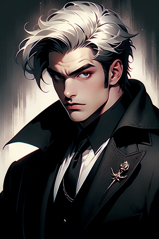 (masterpiece, best quality:1.2), (absurd res, high res, ultra detailed), 1 male, adult, handsome, tall muscular guy, broad shoulders, white hair, finely detailed eyes, portrait, looking at viewer, solo, half shot, detailed background, detailed face, (gothic), smirk, vampire, dark leather, high fantasy,, stealth, undercover, (crates in background), shadows, fog, (dutch angle), closed mouth, black pants