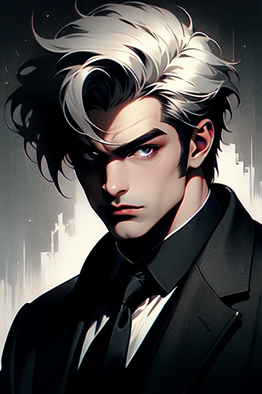 (masterpiece, best quality:1.2), (absurd res, high res, ultra detailed), 1 male, adult, handsome, tall muscular guy, broad shoulders, white hair, finely detailed eyes, portrait, looking at viewer, solo, half shot, detailed background, detailed face, (gothic), smirk, vampire, dark leather, high fantasy,, stealth, undercover, (crates in background), shadows, fog, (dutch angle), closed mouth, black pants