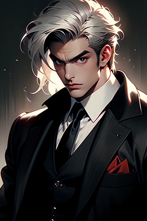 (masterpiece, best quality:1.2), (absurd res, high res, ultra detailed), 1 male, adult, handsome, tall muscular guy, broad shoulders, white hair, finely detailed eyes, portrait, looking at viewer, solo, half shot, detailed background, detailed face, (gothic), smirk, vampire, dark leather, high fantasy,, stealth, undercover, (crates in background), shadows, fog, (dutch angle), closed mouth, black pants