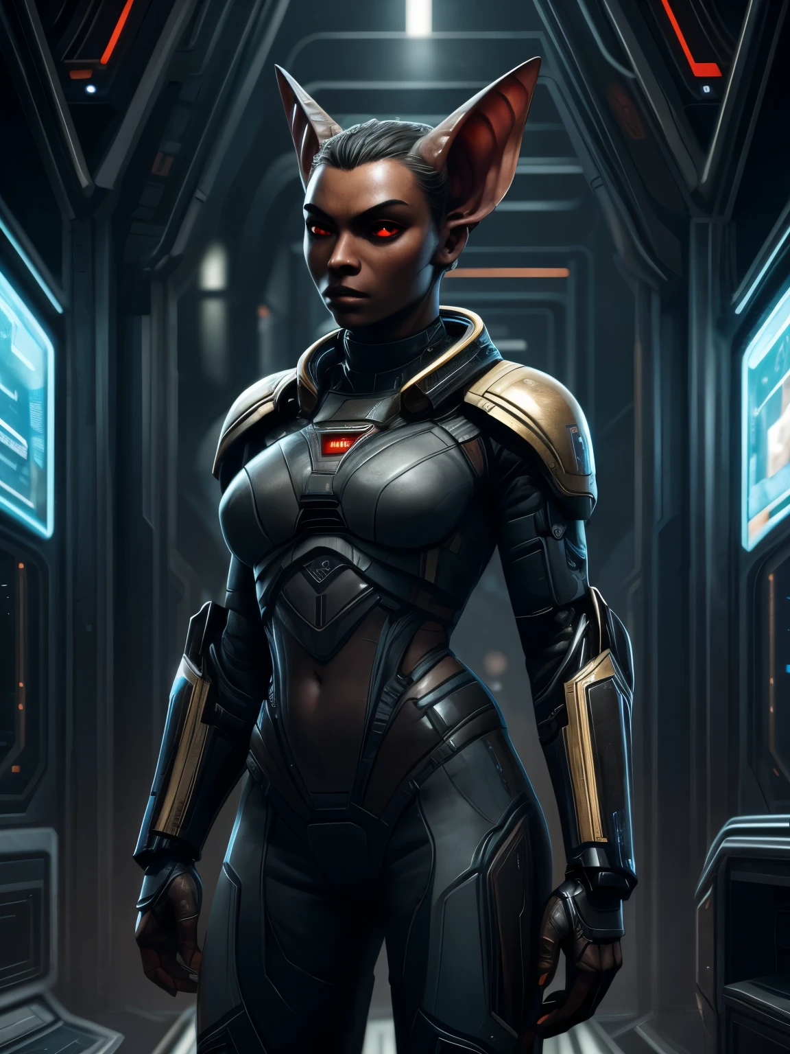 ((best quality)), ((masterpiece)), (detailed), perfect face, cinematic, portrait, (art by Incase), alien, anthropomorph bat, ((androgynous)), red eyes with no iris, (dark gray skin), soldier, black high tech power armor, red eyes with no iris, standing up, holding futuristic gun, spaceships landingon background, futuristic city environment