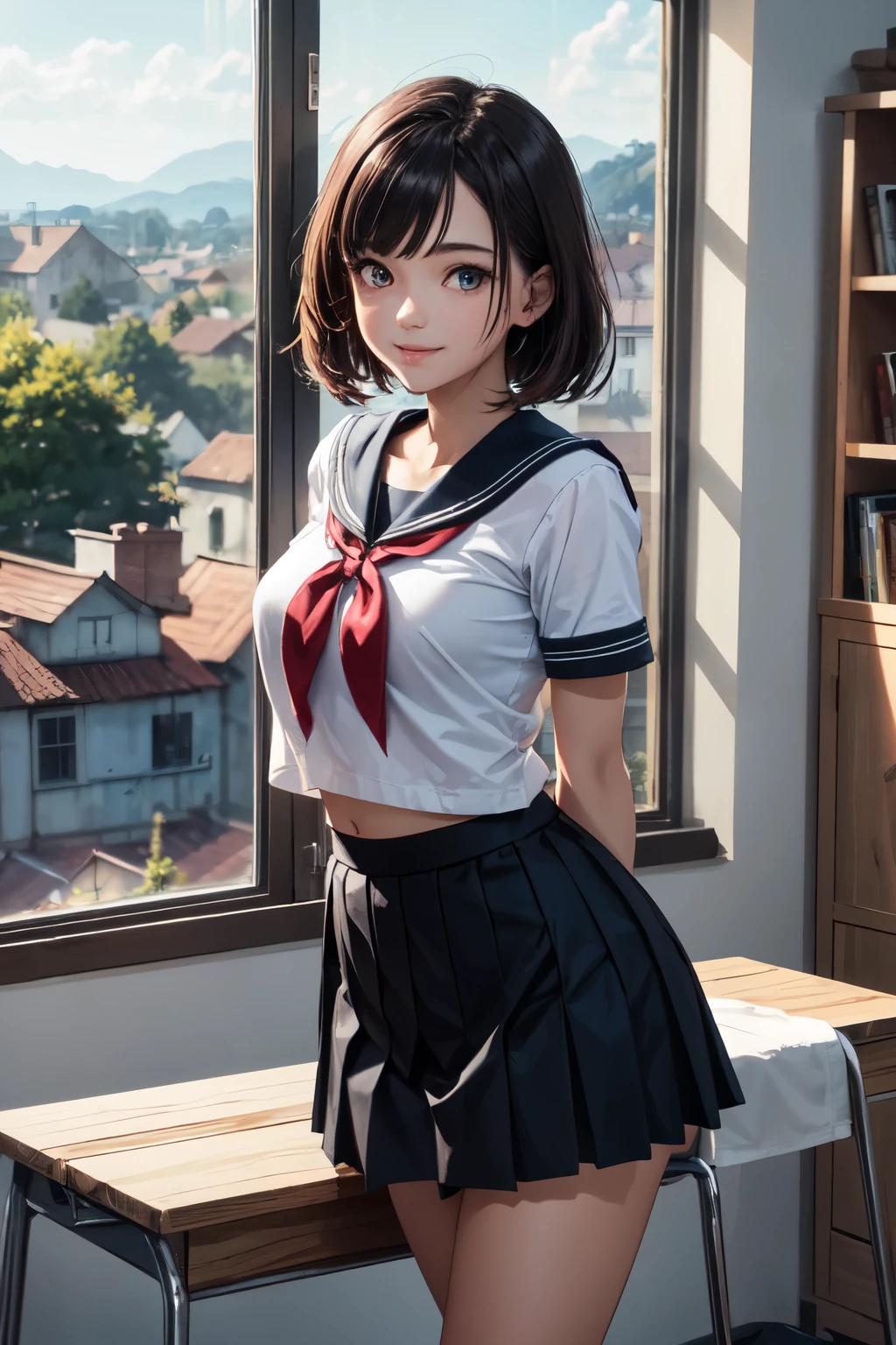 very cute and beautiful girl,(highly detailed beautiful face and eyes),(smile),looking at viewer,
black hair,sailor ,short sleeve,(pleated navyblue mini skirt),standing,arms behind back,
wooden classroom,window,distant trees and town,
(best quality,masterpiece),absurdres,highres,ultra-detailed,extremely detailed,32k,8k resolution,
intricate details,cinematic scene,detailed background,solo,dynamic angle,