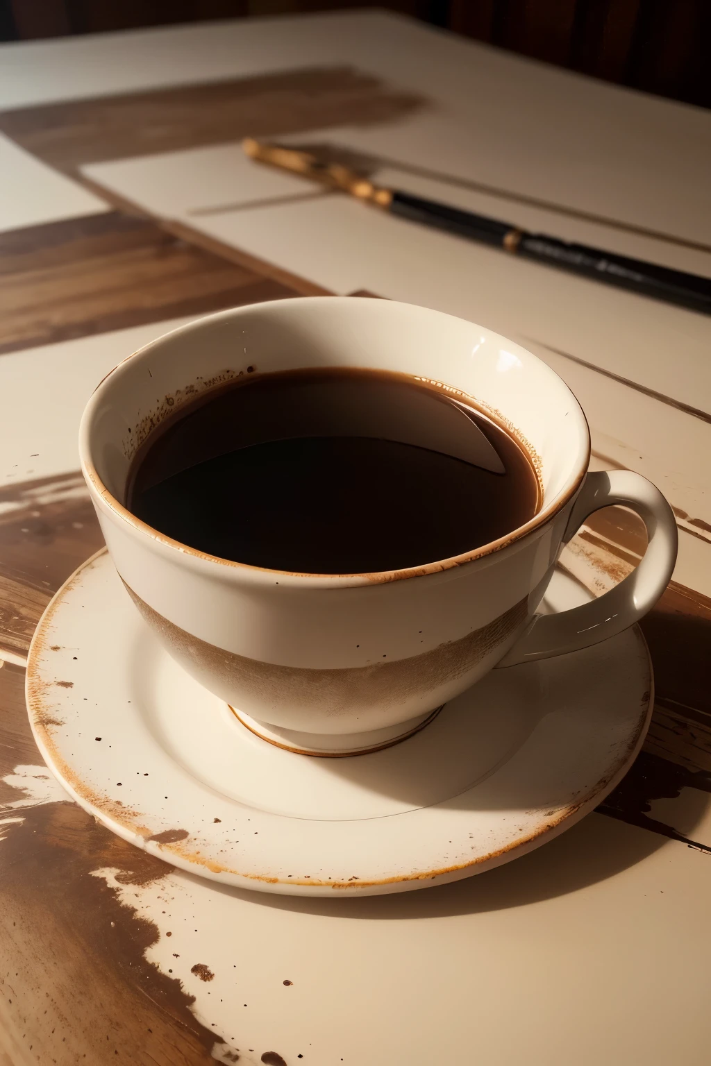 (best quality, highres, photorealistic:1.37), coffee painting, Michael Angelo style, cup of coffee, mug, monochrome shades, vibrant textures, expressive brushstrokes, rich contrasts, aged appearance, aged paper texture, detailled brushwork, light and shadow play, unique composition, attention to details, layers of coffee, artist's signature, colossal scale, targeted brushstrokes, carefully planned composition, fine details, meticulous execution, subtle gradients, warm tones, coffee stains, antique feel, masterpiece