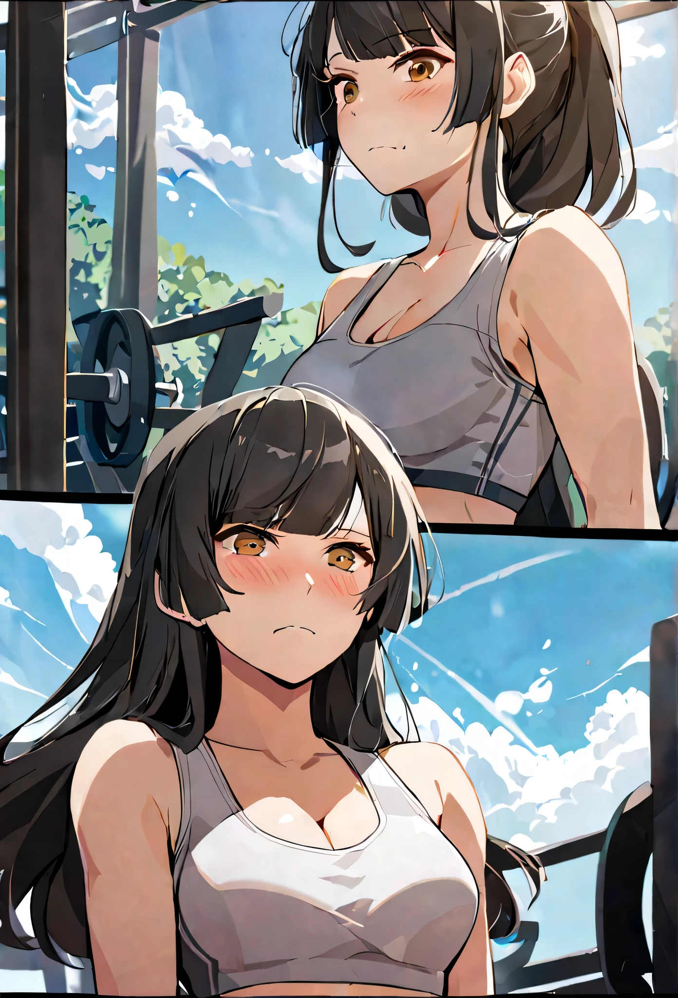 masterpiece,best quality, solo, eda, bangs, black hair, blue sky,cloud, shy expression, blushing expression, embarrassed expression, medium breast, hot, thicc, she is grabing her chest, she is embarassed , she has a medium chest, she is wearing a gym outfit ,she is looking at you, closed mouth, cleavage, upper body , she is looking down on you, she is in the gym, she is working out, she is wearing sports bra, she is jealous of other girls,she has jealous looks, she is fit, she is looking at the viewer, upper body, dynamic pose, dinamic view angle, detailed, one girl