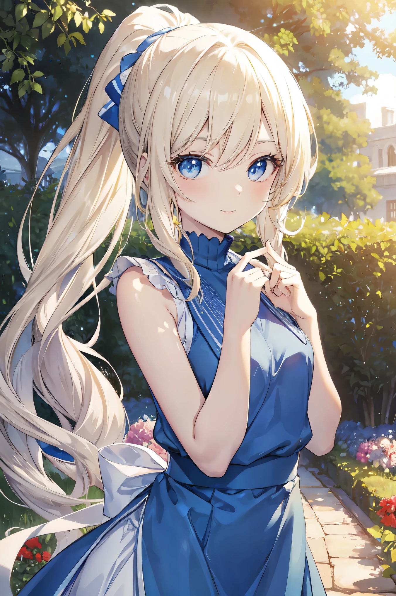 (masterpiece:1.2), (highest quality:1.2),, Curvy but slender body, Perfect Eyes, Perfect Face, Perfect lighting, 1 girl, in the garden, (The whole body is visible),(Are standing),(Sleeveless sweater),(Cute gestures),(smile),(ponytail),Curly Hair, Quality clothing, Detailed outdoor background, Compensate, eye shadow, Thick eyelashes, Fantasy, Looking at the audience, whole body,Alice in Wonderland、blue sky、Bright and very beautiful face、Young and shiny white glossy skin、The ultimate beauty、The most beautiful light blonde hair in the world、Thin Hair、Long Hair、Shiny beautiful bangs、Shining, clear, big blue eyes、Very beautiful and adorable 17 year old girl, the most beautiful in the world、Small breasts