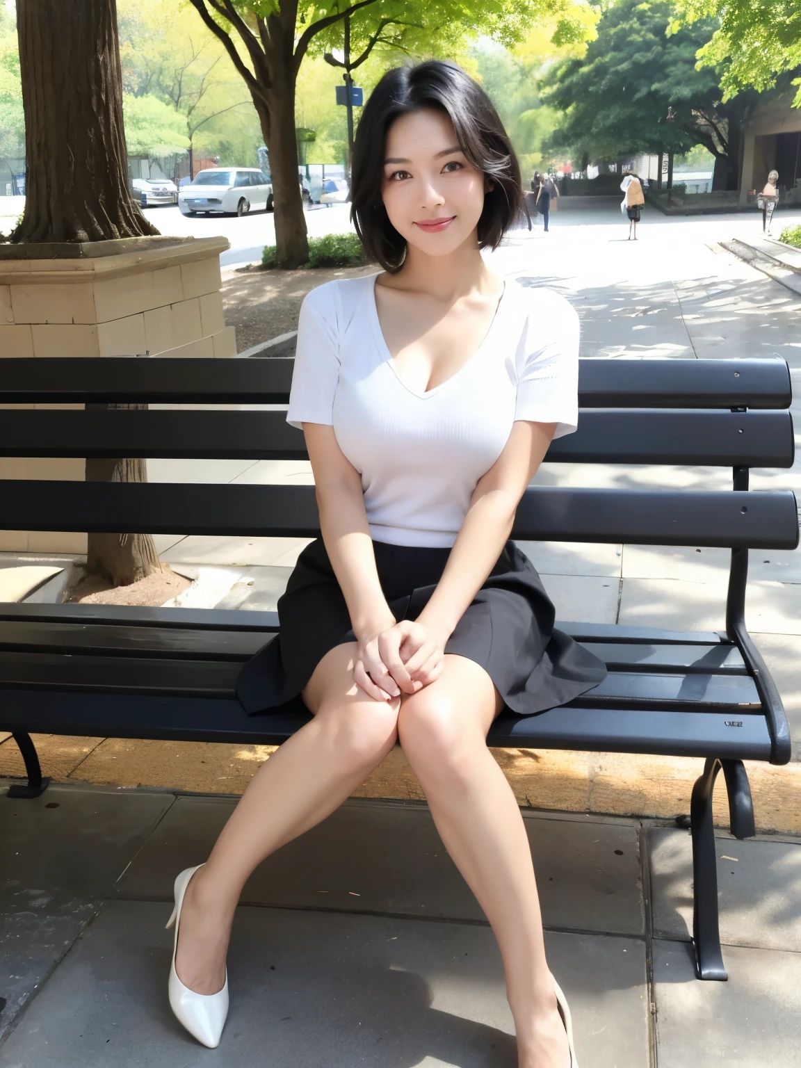 最high quality, In 8K, Masseter region, Vibrant, Sharp focus, high quality, High resolution, Detailed face, Fine grain, Red lips, (Watching the audience), alone, Beautiful woman, 38 years old, (Short black hair:1.3)、（Bob Hair）、（Standard body shape）、（D cup breasts）、 Cleavage, , afternoon、（New York Central Park:1.5）,(Sit on the bench with your feet together:1.5)、（Lemon color short sleeve knit dress:1.6）、（Lemon colored knee length skirt:1.6）、（Black pumps:1.5）、（smile:1.3）、