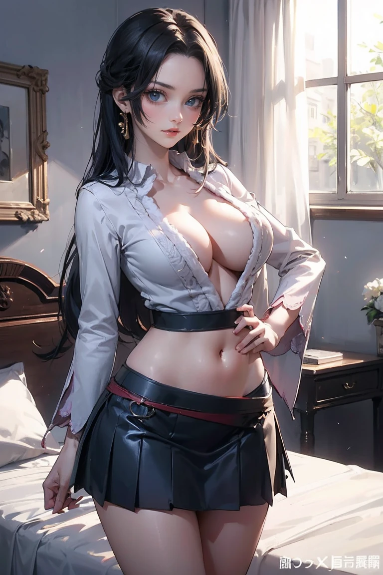 masterpiece, best quality, absurd, Perfect anatomical structure, Unity 8k Wallpaper,best anime,Cowboy shooting,20-year-old beauty、Boya Hancock,Black Hair,long hair,Center parted bangs,slim body,Large Breasts,(((Large Breasts、Low-cut,Cleavage, Wide hips,)))Long legs , a smile,Shy look、Turn your body towards the audience,sit,、White long-sleeved shirt、Collared shirt、Dark blue pleated mini skirt、Simple bed、Simple bedroom、
