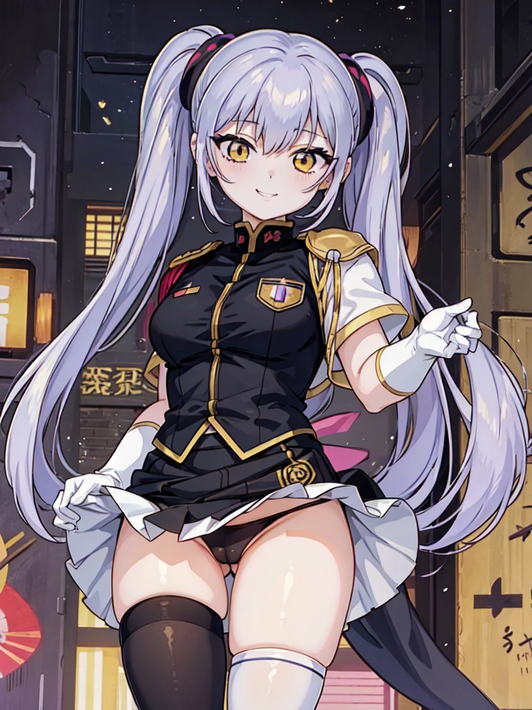 (masterpiece), (highest quality), Detailed face, anime \(style\), Hoshino_It is_(dry), One girl, View Viewer, Purple Hair, Yellow Eyes, Twin tails, hair ornaments, army, army uniform, White gloves, smile, evil smile, Portraiture, badge, Black Skirt, Black knee socks,