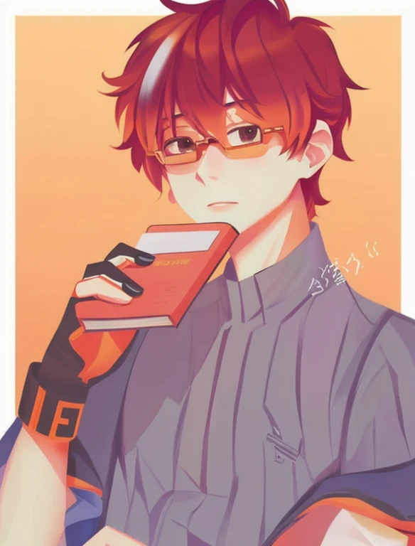 Handsome boy with glasses holding a book and a cell phone, orange - haired handsome boy,