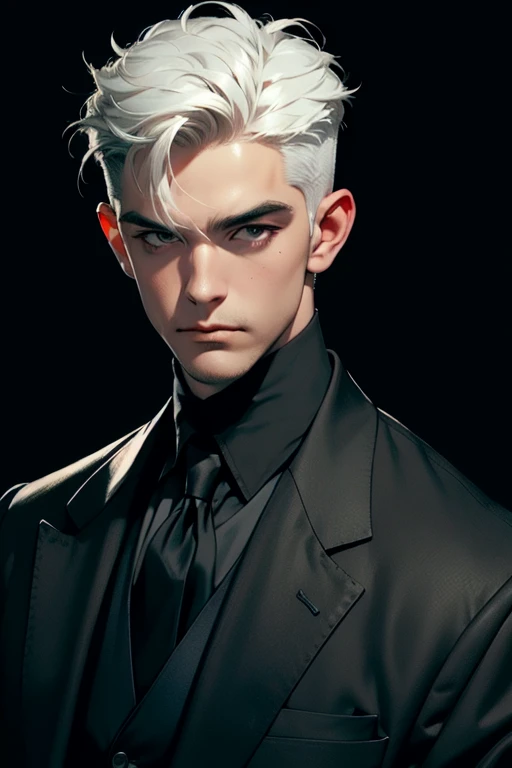 (masterpiece, best quality:1.2), (absurd res, high res, ultra detailed), 1 male, adult, handsome, tall muscular guy, broad shoulders, white hair, finely detailed eyes, portrait, looking at viewer, solo, half shot, detailed background, detailed face, (gothic), smirk, vampire, dark leather, high fantasy,, stealth, undercover, (crates in background), shadows, fog, (dutch angle), closed mouth, black pants