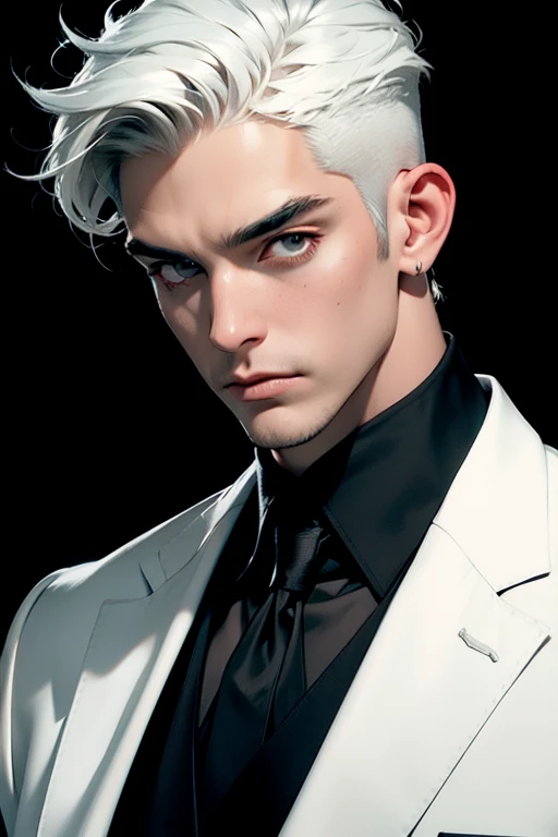 (masterpiece, best quality:1.2), (absurd res, high res, ultra detailed), 1 male, adult, handsome, tall muscular guy, broad shoulders, white hair, finely detailed eyes, portrait, looking at viewer, solo, half shot, detailed background, detailed face, (gothic), smirk, vampire, dark leather, high fantasy,, stealth, undercover, (crates in background), shadows, fog, (dutch angle), closed mouth, black pants