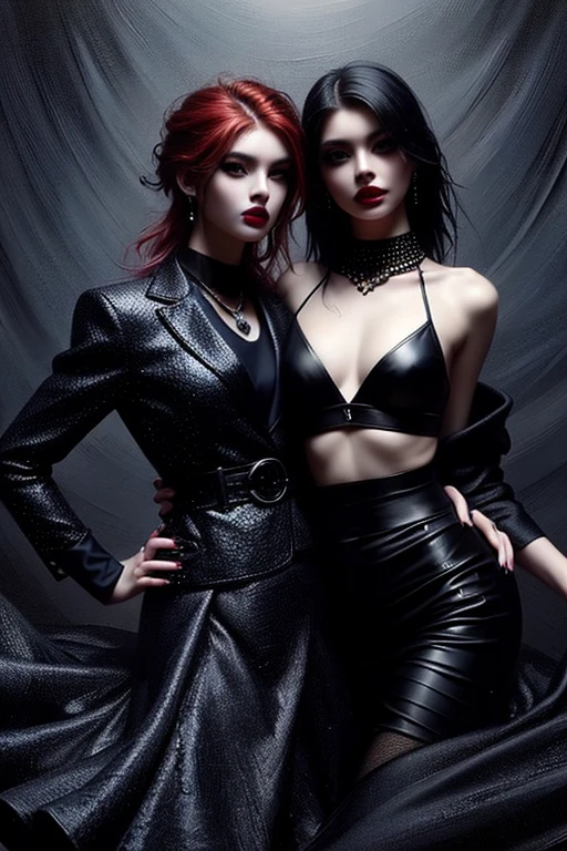(2 girl) in dance concert , standing front of stage, (Blue jacket) , black&white skirt(long), Wild rebel haircut, short red hair, dark red lips, dark heavy eyeshadow, piercings, lip rings, earrings, eyebrow rings, nipple rings, goth, dungeon, dark, dimmed light , dark erotic fantasy,NSFw,pinkish face