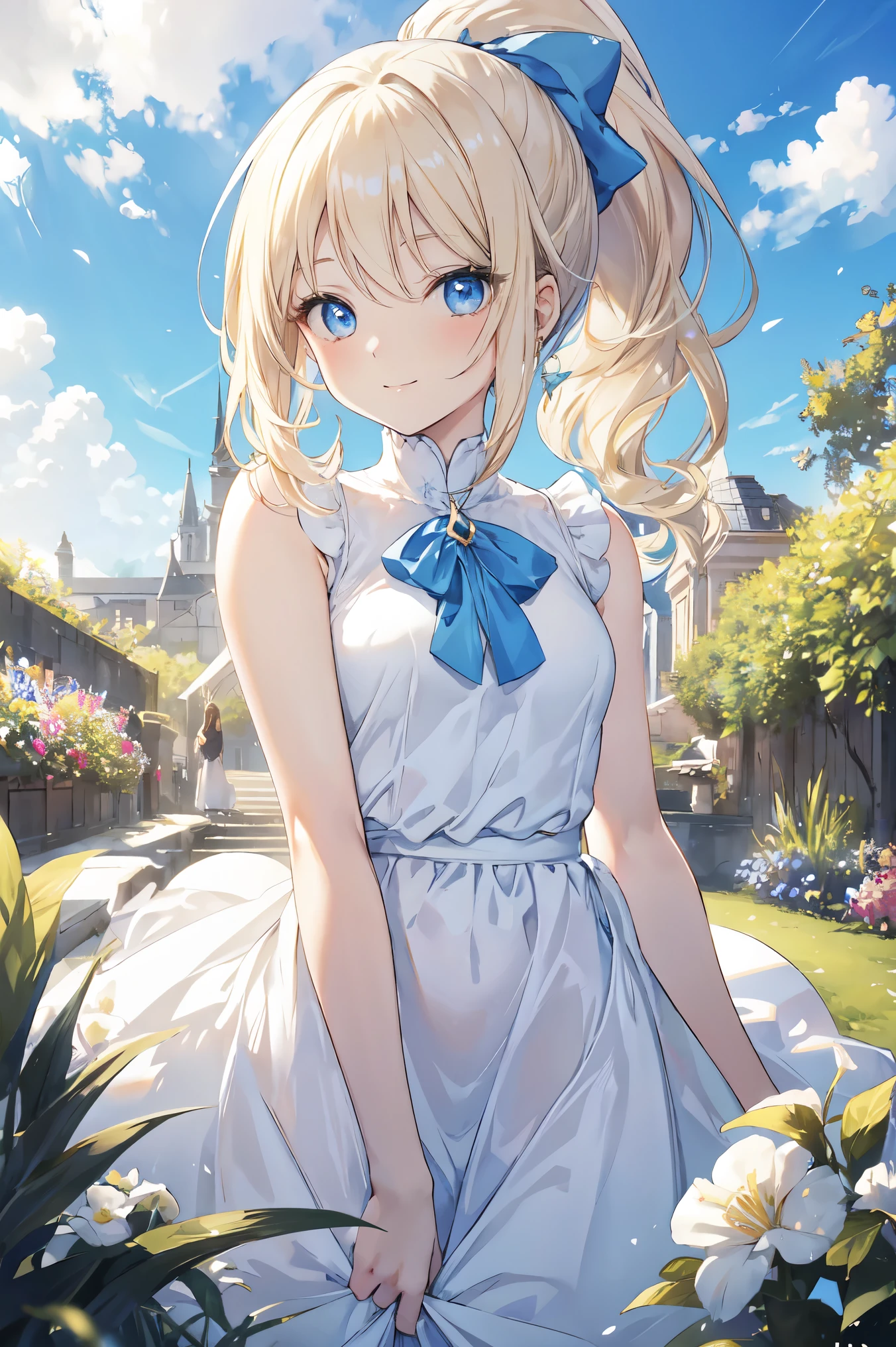 (masterpiece:1.2), (highest quality:1.2),, Curvy but slender body, Perfect Eyes, Perfect Face, Perfect lighting, 1 girl, in the garden, (The whole body is visible),(Are standing),(Sleeveless sweater),(Cute gestures),(smile),(ponytail),Curly Hair, Quality clothing, Detailed outdoor background, Compensate, eye shadow, Thick eyelashes, Fantasy, Looking at the audience, whole body,Alice in Wonderland、blue sky、Bright and very beautiful face、Young and shiny white glossy skin、The ultimate beauty、The most beautiful light blonde hair in the world、Thin Hair、Long Hair、Shiny beautiful bangs、Shining, clear, big blue eyes、Very beautiful and adorable 17 year old girl, the most beautiful in the world、Small breasts