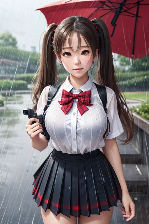 waistband of skirt is at the point above chest , red knot , red bow , skirt dark red , plaid skirt , pleated skirt , , Highly detailed CG Unity 8K wallpaper、highest quality、super detailed、masterpiece、realistic、Photoreal、((Park where it is raining:1.4))、Highly detailed cute girl、、(High school girl in Japan uniform)、((Shooting from the front:1.4))、, twin tails hair , twin tails hair