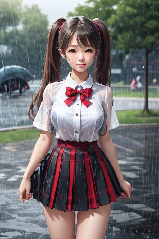 waistband of skirt is at the point above chest , red knot , red bow , skirt dark red , plaid skirt , pleated skirt , , Highly detailed CG Unity 8K wallpaper、highest quality、super detailed、masterpiece、realistic、Photoreal、((Park where it is raining:1.4))、Highly detailed cute girl、16 years old、(High school girl in Japan uniform)、((Shooting from the front:1.4))、, twin tails hair , twin tails hair