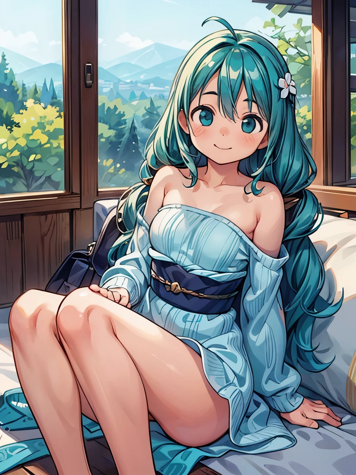 (masterpiece、highest quality、highest quality、Official Art、Beautiful and beautiful:1.2)、(One girl:1.3)Hatsune Miku、Twin tails,Big Breasts,(masterpiece:1.3, highest quality, Ultra-high resolution, Very detailed), (Realistic, photoRealistic:1.4), Beautiful illustrations, Perfect lighting, Natural light, colorful, Written boundary depth, ,
Beautiful detailsまでこだわった髪, Beautifully detailed face, Beautiful details, Beautiful clavicle, Beautiful body, Beautiful breasts, Beautiful thighs, Beautiful legs, Beautiful fingers, 
View your audience, 1 girl, Japanese, high School girl, (Perfect Anatomy, Anatomically correct), Cute and symmetrical face, Baby Face, Perfect Face, Perfect Eyes, Shiny skin, thin, 
(Long Hair:1.7, Wavy Hair:0.8, Blue Hair), Antenna Hair, Hair between the eyes, Emerald green eyes, Long eyelashes, (Big Breasts:0.8, Captivating thighs), 
((Long sleeve light purple knit dress, Black tube top)), 
(Beautiful views), summer, evening, (School), (Cute Smile, Upward glance),