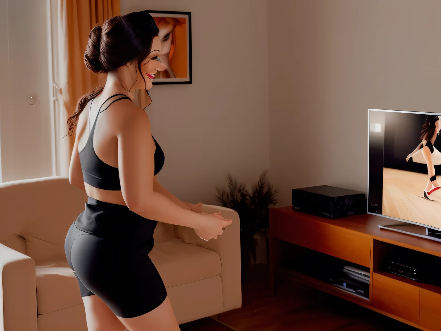 Tthere is a woman standing in front of a TV playing, working out, sweating 4k, wearing a black top and black t-shirt, fitness body, bottom angle, rear shot, toned behind, dancing in the background, sports bra and shorts, other women dancing on the TV screen TV, looking partially to the left, thin Latin woman dancing, interior photo, as if she were dancing, a sensual photo. A woman with white skin and dark hair. She is about 35 years old. Her slightly full and red lips are like a delicate flower, her dark brown, large and charming eyes seem to contain a world of wonders. Slim body. Thin waist. Her body exudes glamor and her face is the definition of beauty. Test, highly realistic, reddish skin, beautiful, slightly full lips, red lipstick, smiling, feeling of lightness and joy, hyper-realism, very elaborate skin, direct look. Full body photo, clear photo, high quality, high resolution, masterpiece, 16K