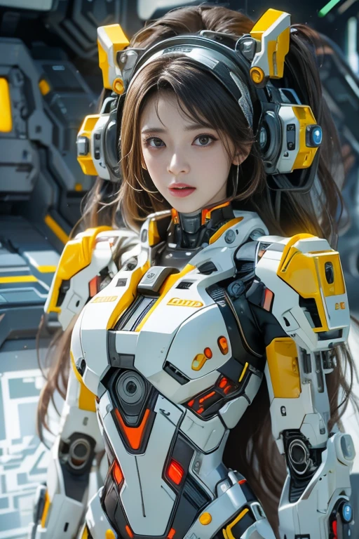 Realistic 8K visuals,Masterpiece,Girl in a Cybertron suit, white, yellow, red, orange, cream.,sexy cyber