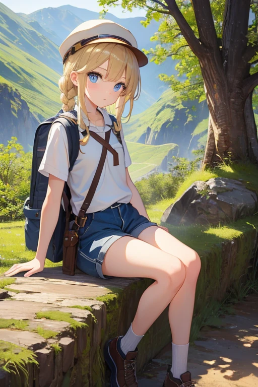 masterpiece, highest quality, High resolution, -yeld giblue eyes、
blonde、Braiding、Climbing Style、Clothes with lots of pockets、Shorts、rucksack、Thick-soled shoes、Safari Hat、Mountain climbing、Lush tree々々、The sunlight streaming in