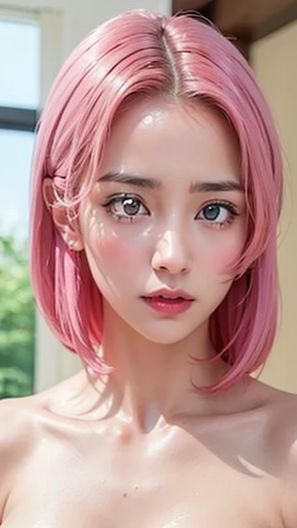 Ultra realistic, open shot, best quality, dream aesthetic (a little blurry in cinematic vibrant light), show all, ultra-detailed, fine details, high resolution (wide image), Perfect dynamic composition, illuminated pale skin, perfect shading, beautiful (realistic) detailed clear eyes, naked, pantyhose, pale-pink hair, long messy (silky) hair (pale pink), hair fringe, natural big breasts (nude), Natural Color Lip, face with pleasure and fatigue expression, Random and sensual poses, bedroom (background unfocused)、20 year old、dream atmosphere 