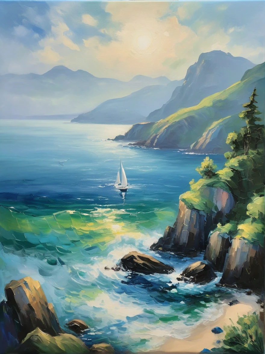 Create a serene oil painting that captures a peaceful scene washed in shades of blue and green. The scenery includes a tranquil ocean view dotted with jagged, rocky cliffs. The true spectacle of the image emerges from the water - a majestic whale swimming with grace and serenity. The painting style is subtly reminiscent of Claude Monet who worked prior to 1912, featuring soft brushstrokes that beautifully capture the essence of tranquility. It seems like a work that could be displayed as a masterpiece in an art gallery.