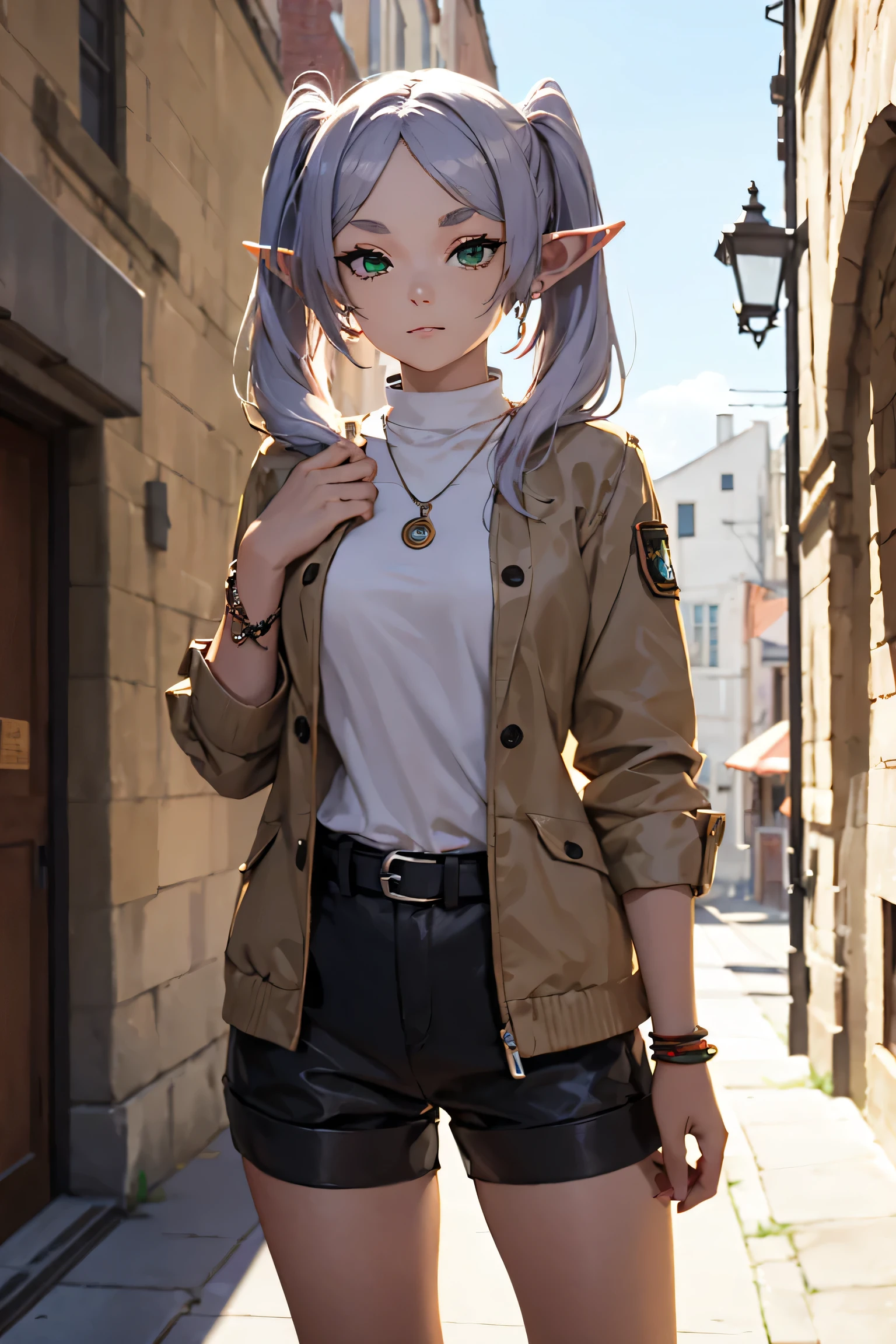 (masterpiece, best quality), intricate details, thin, ((slim)), beautiful girl, ((perfect hands, perfect anatomy)), fern, slight smile, medium breasts, long hair, twintails, green eyes, grey hair, pointy ears, elf, (brown jacket, necklace, bracelet, short pants), city allay, outdoor, day, sunlight, cloud, cowboy shot, looking at the viewer, posing, elements, confident, expression, holding, accessory, majestic, rolled, around, touch, attention-grabbing scene, larger, focus
